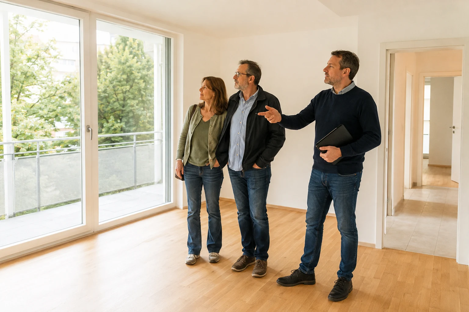 Kaufinteressenten besichtigen mit einem Ansprechpartner eine helle alltagstaugliche Wohnung