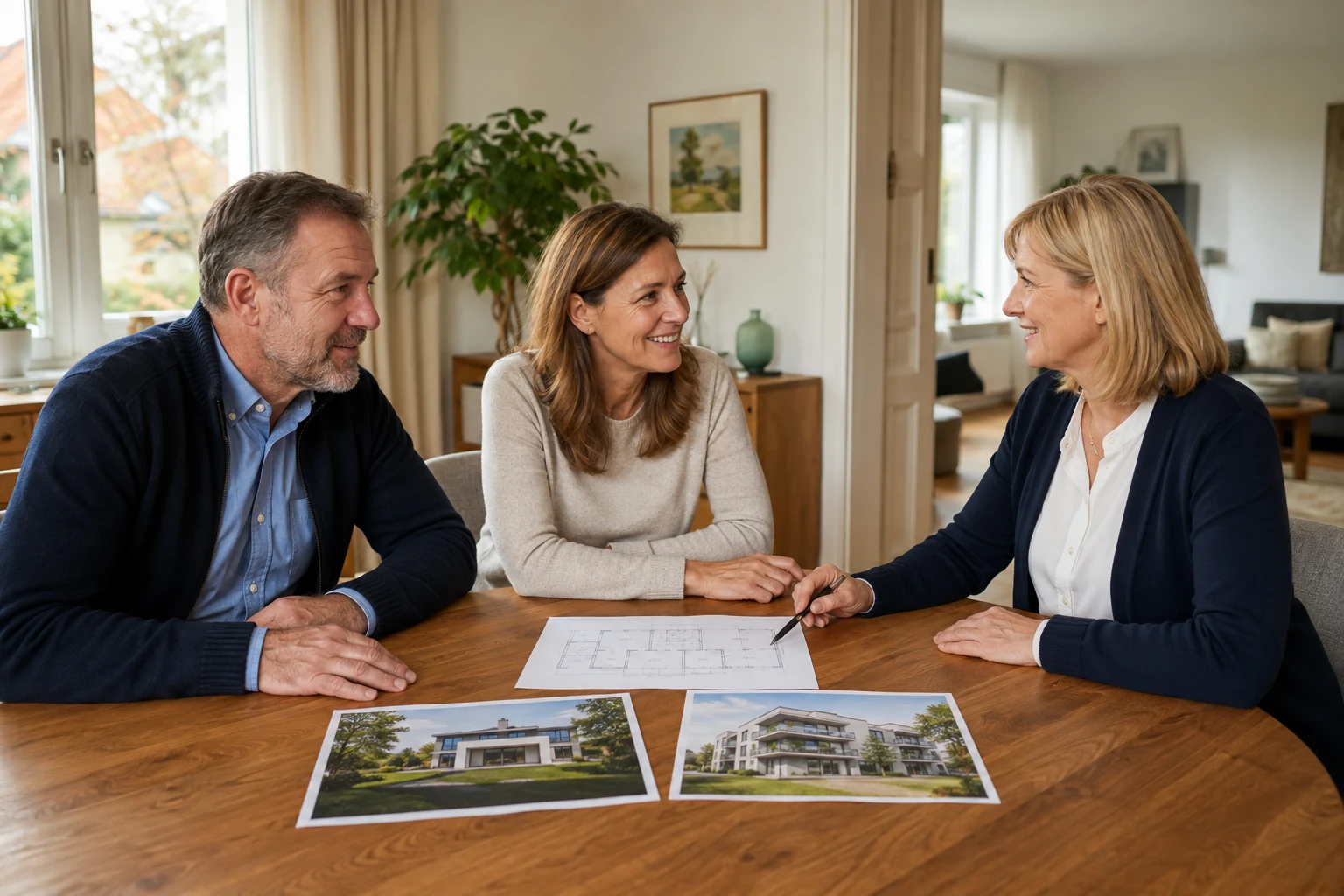 Eigentümerpaar bespricht mit einer Ansprechpartnerin den Verkauf und einen neuen Wohnwunsch
