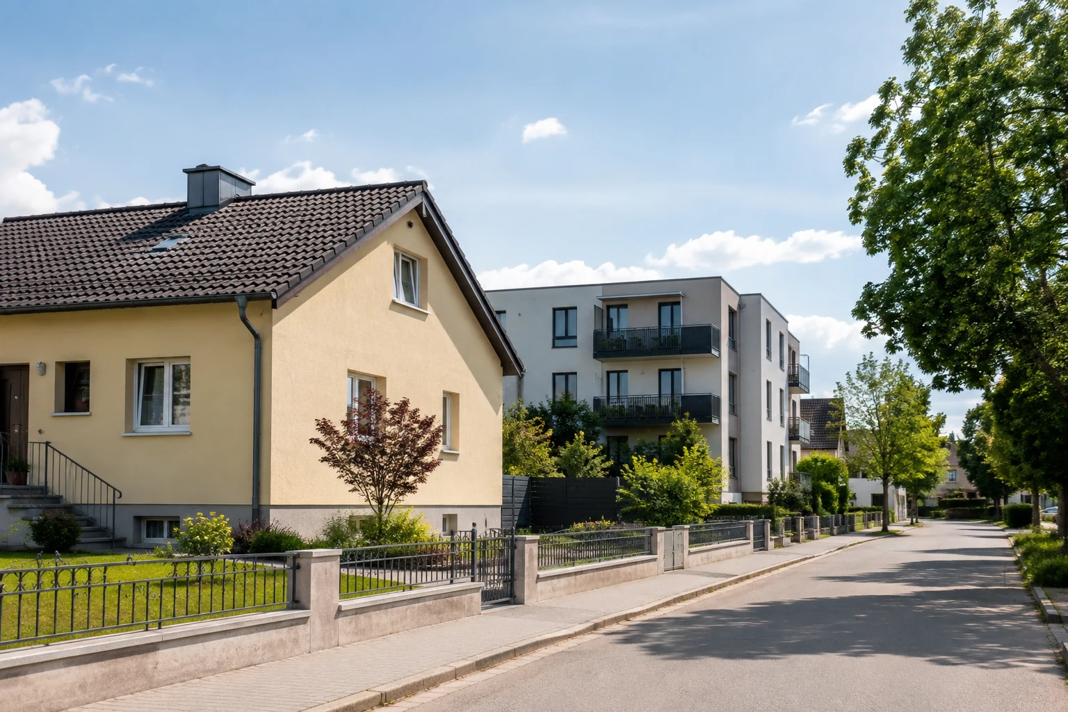 Österreichisches Wohnviertel mit Einfamilienhaus und kleinerem Mehrparteienhaus